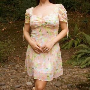 City Studio Pastel Floral Puff Sleeve Mini Dress Size 9 Cottagecore Spring